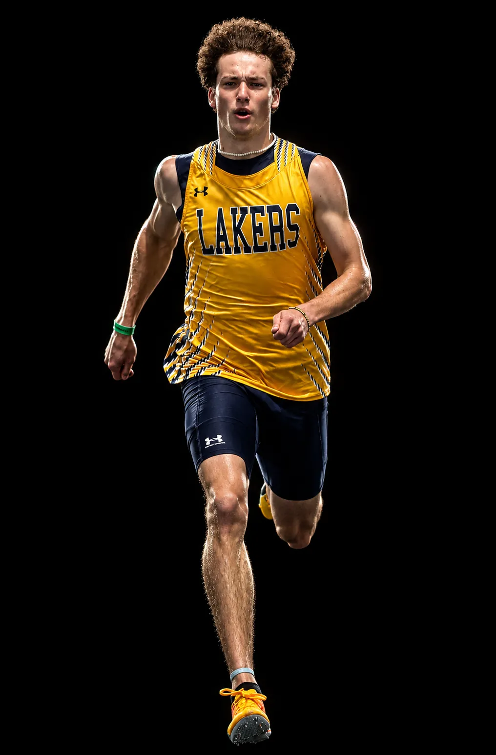 Lakers sprinter in a gold singlet driving toward the camera