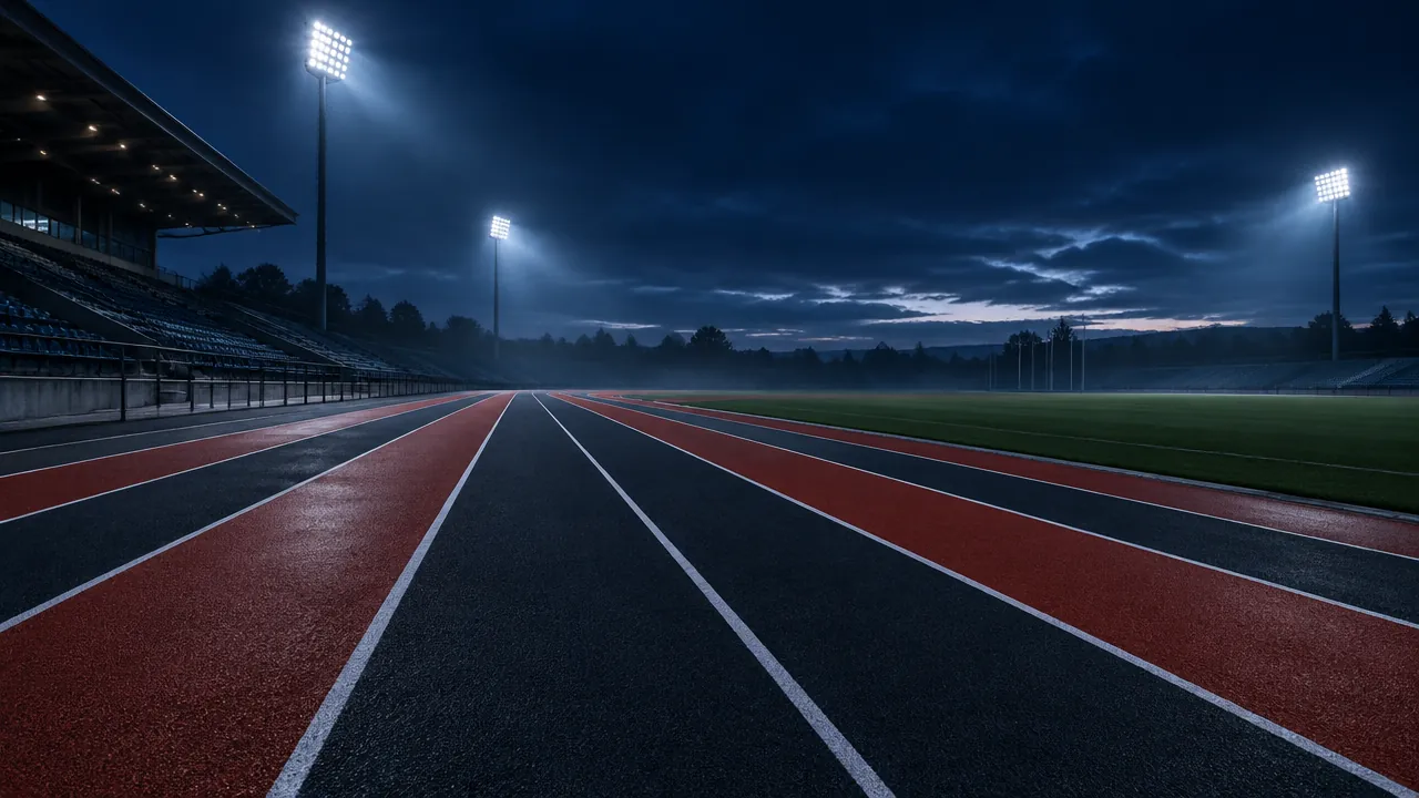 Empty track lanes under stadium lights at dusk